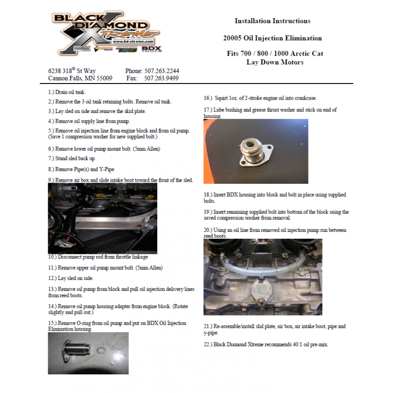 20005 OIL INJECTION BLOCK OFF INSTRUCTIONS Black Diamond Xtreme